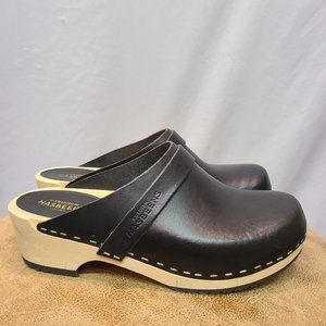 Swedish Hasbeens Husband Clogs Black Leather Slip On Shoes Womens 37 US 7